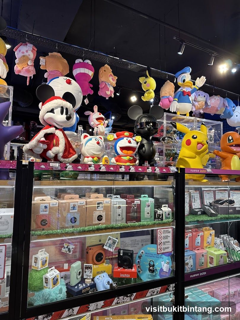 Merchandise Display with Pop Culture Figures and Cameras