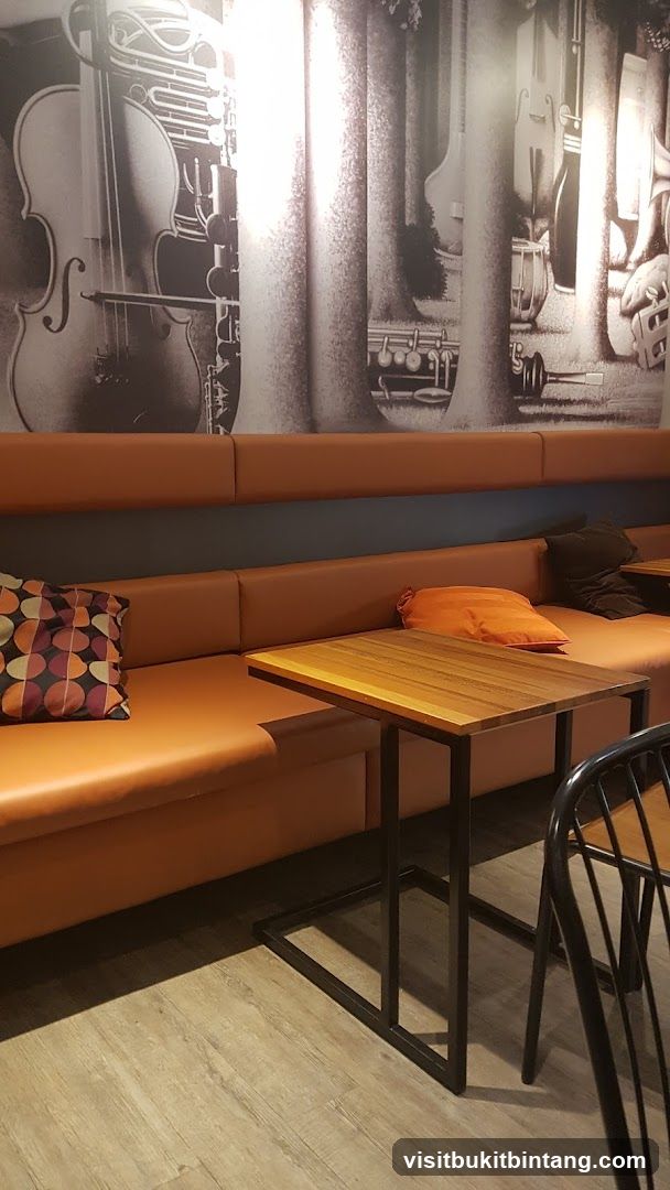 Modern Seating Area with Musical Instrument Mural