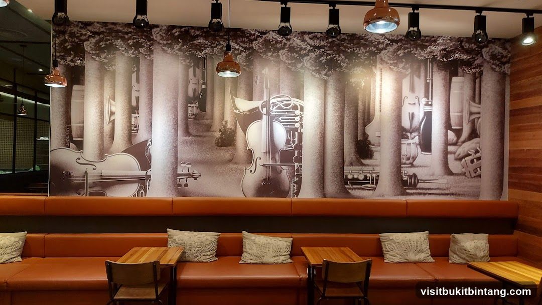 Restaurant Interior with Musical Instrument Mural