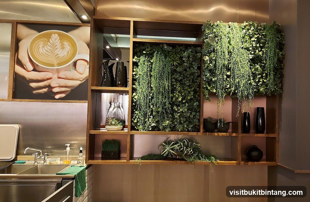 Coffee shop interior with plants and artwork