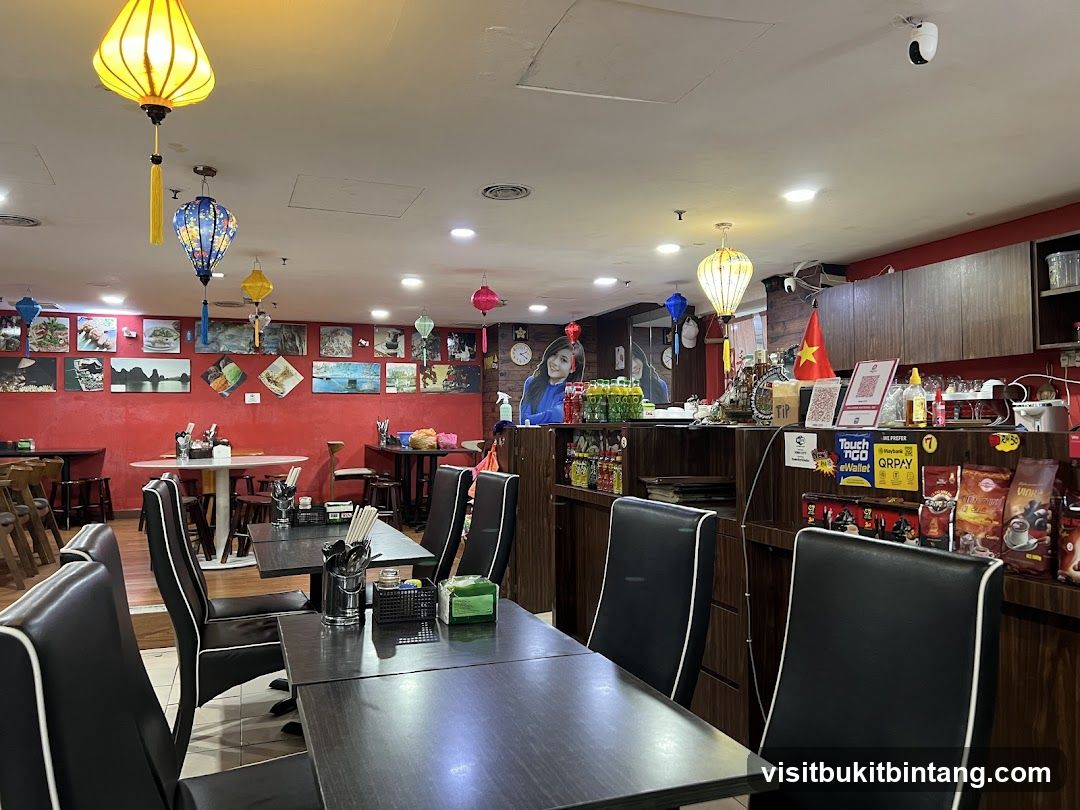 Restaurant Interior with Decorative Lamps and Red Walls