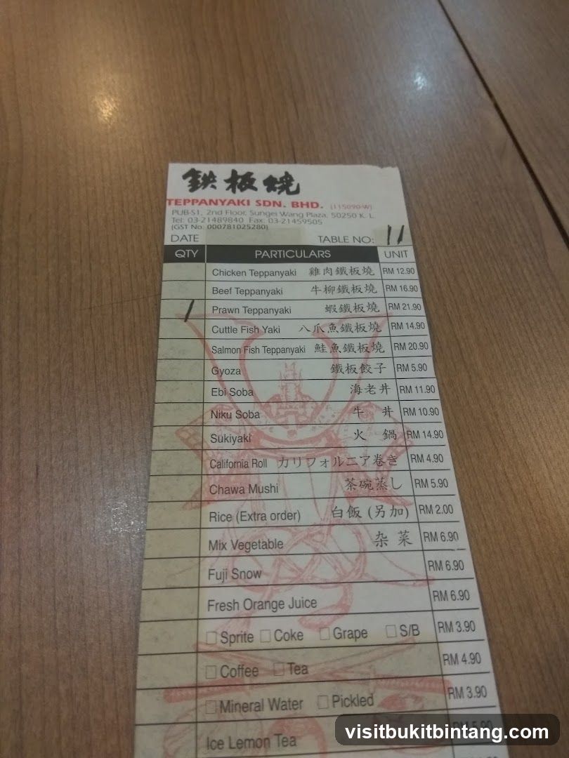 TEPPANYAKI SDN. BHD. Menu