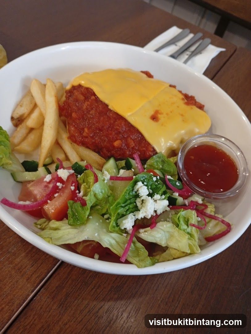 Chicken dish with fries and salad