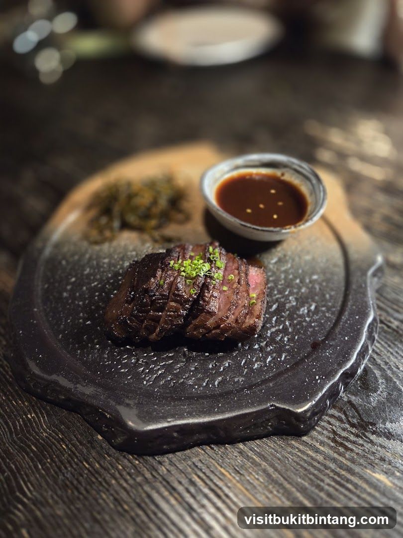 Sliced Steak with Sauce and Garnish