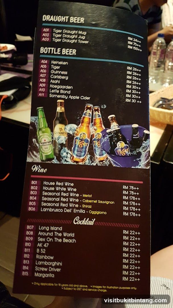 Draught Beer, Bottle Beer, Wine and Cocktail Menu