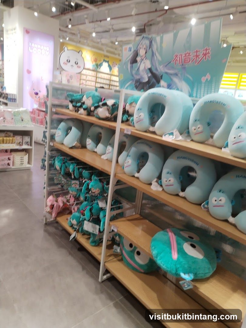 Plush toys and neck pillows on display