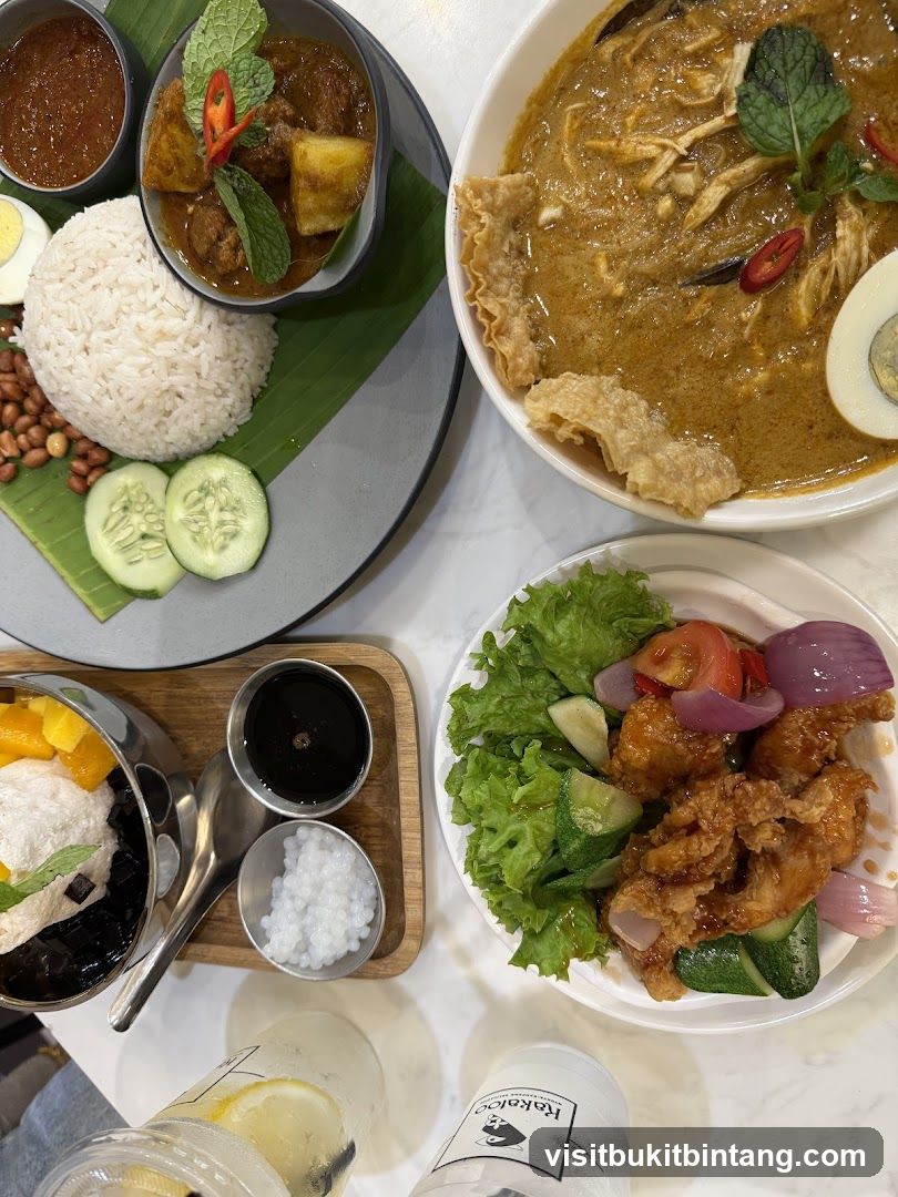 Food Spread with Curry, Rice, and Dessert