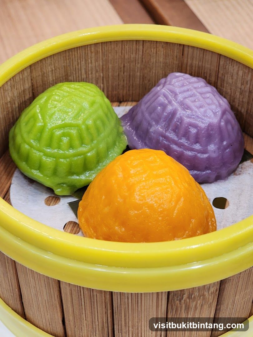 Colored Dumplings in Bamboo Steamer