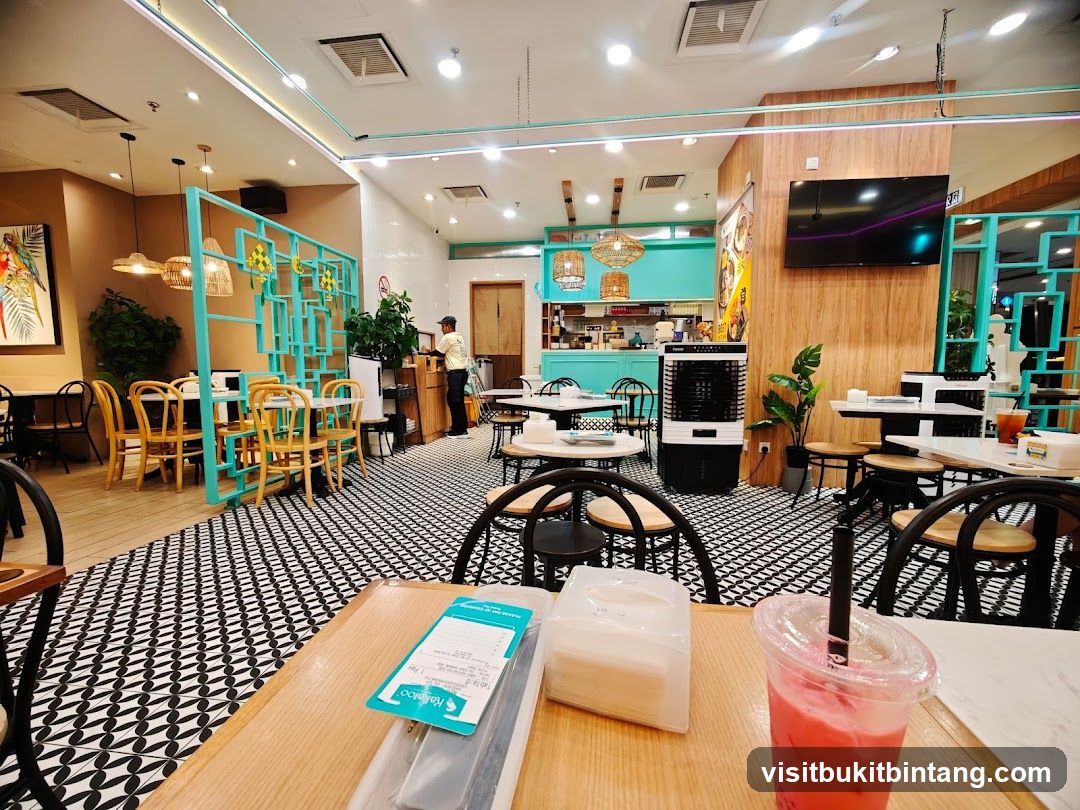 Restaurant Interior with Teal Decor and Patterned Floor