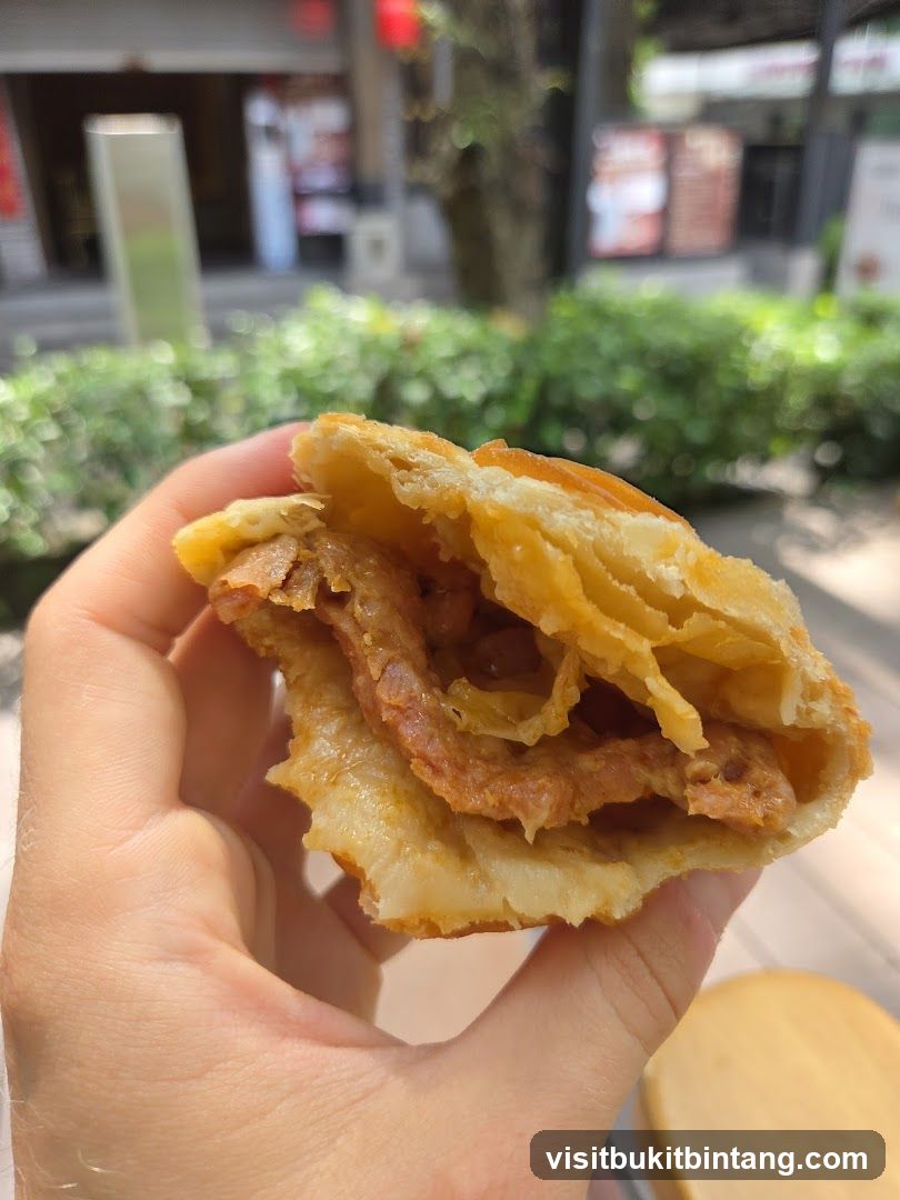 Hand holding a pastry with meat filling