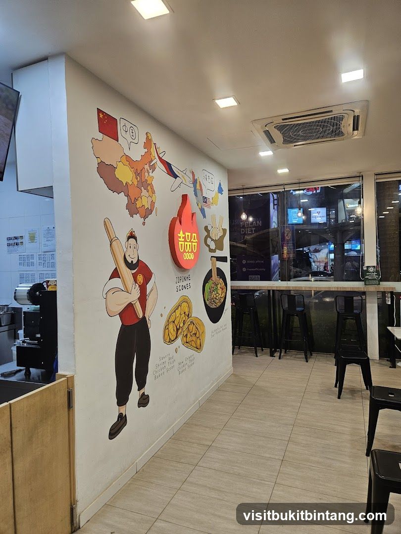 Interior of a food shop with wall mural