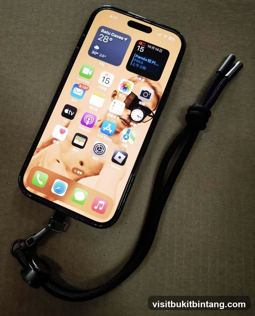 iPhone with wrist strap on surface
