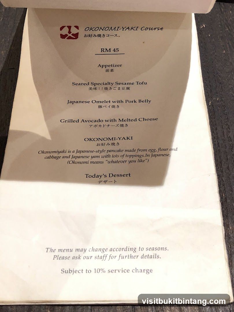 Okonomi-Yaki Course Menu