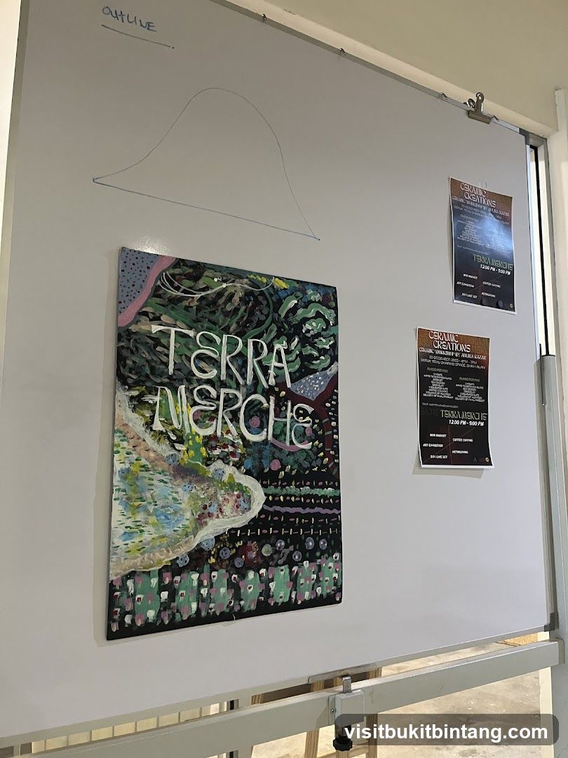 Whiteboard with artwork and flyers