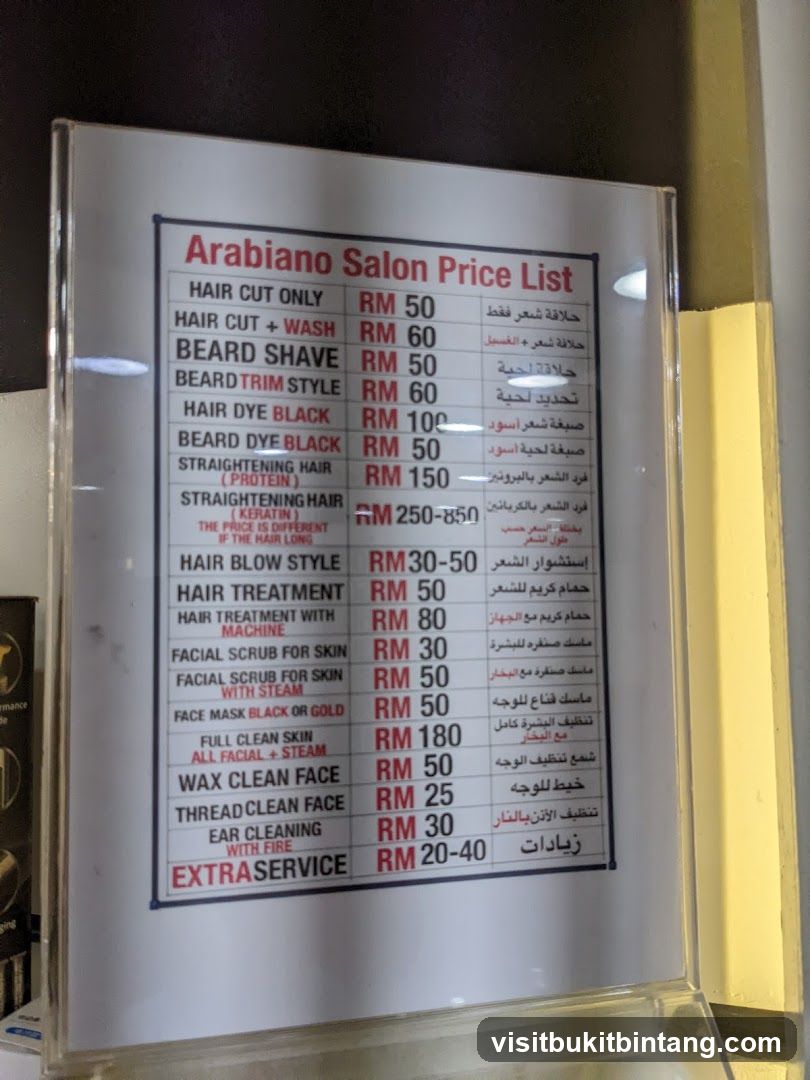Arabiano Salon Price List