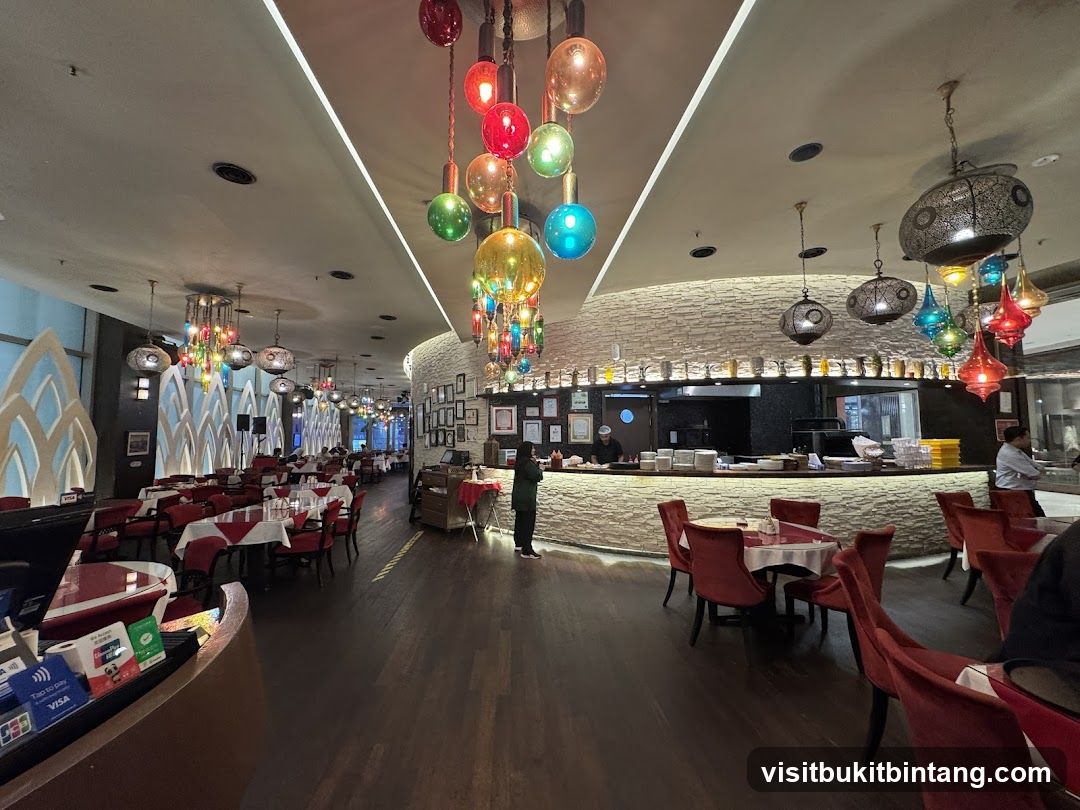 Restaurant Interior with Colorful Hanging Lights