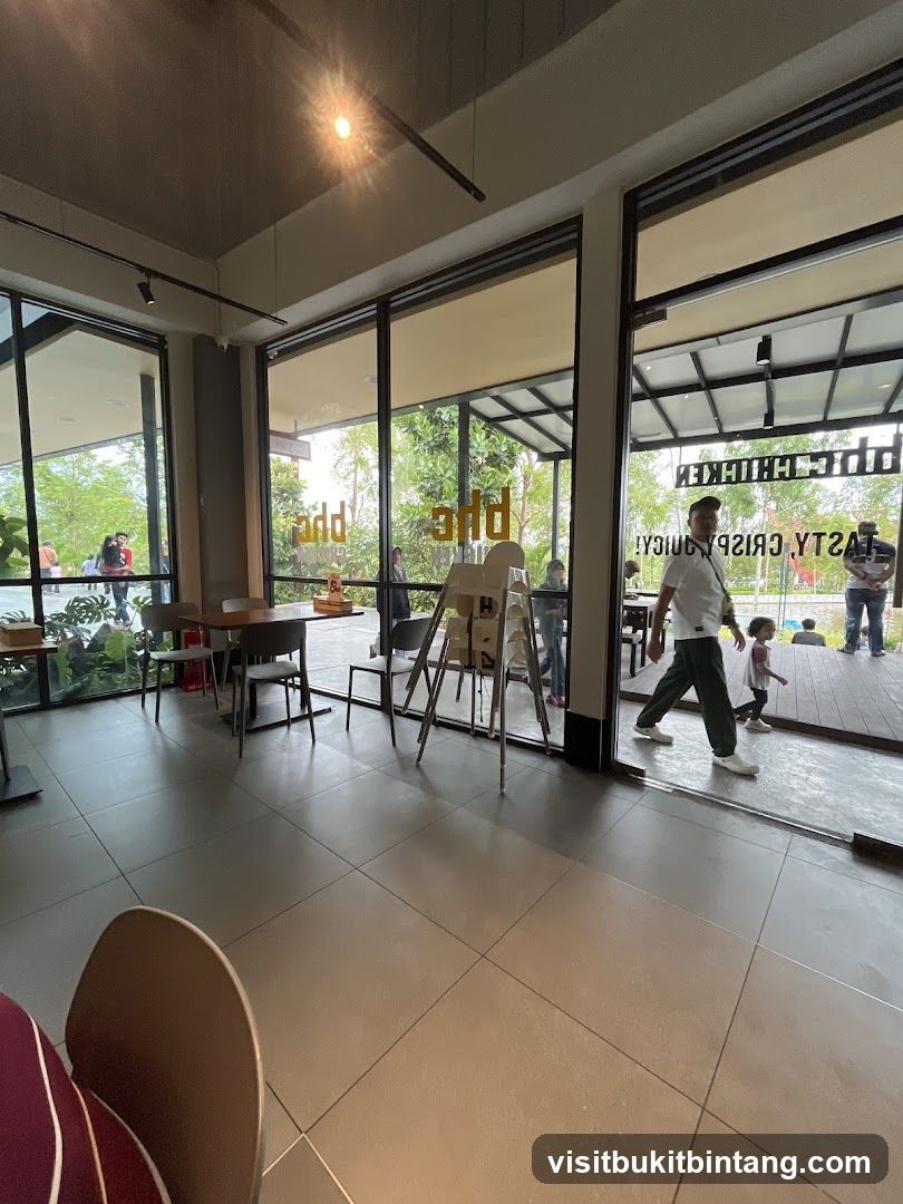 Interior of a restaurant with large windows