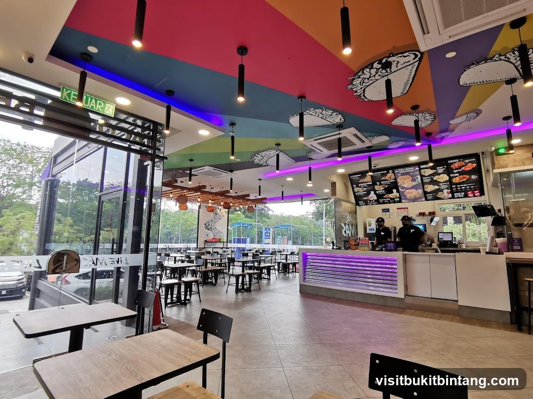 Restaurant Interior with Colorful Ceiling and Menu Boards