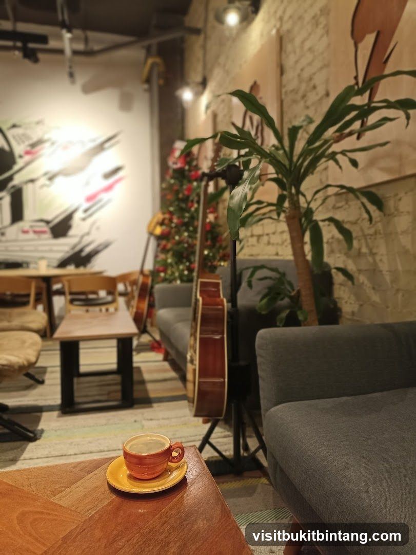 Cozy cafe interior with coffee and guitars