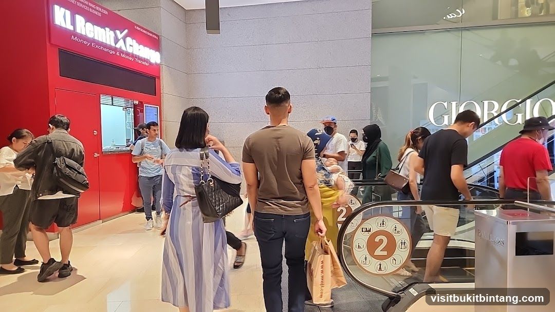 People at a Money Exchange and Escalator