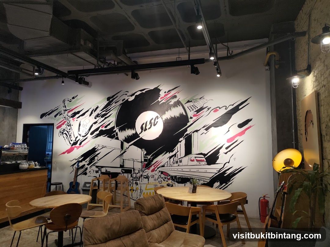 Cafe Interior with Music-Themed Mural