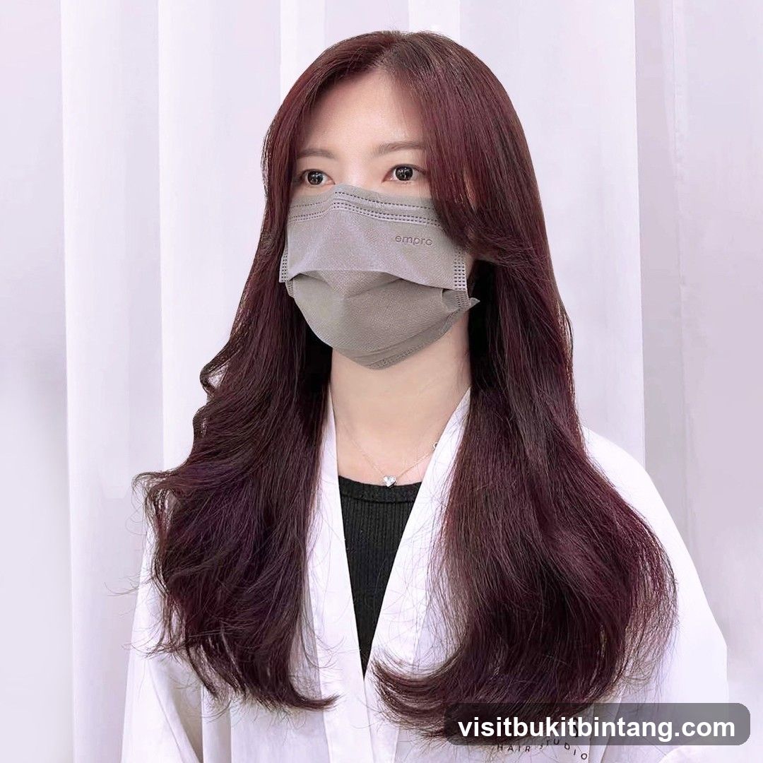 Woman with long, wavy, dark red hair wearing a mask