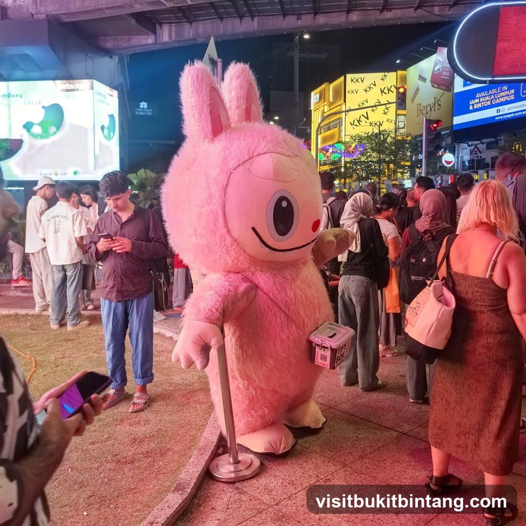 Pink Mascot in a Busy Urban Area