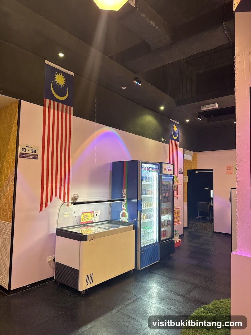 Interior of a store with refrigerators and Malaysian flags