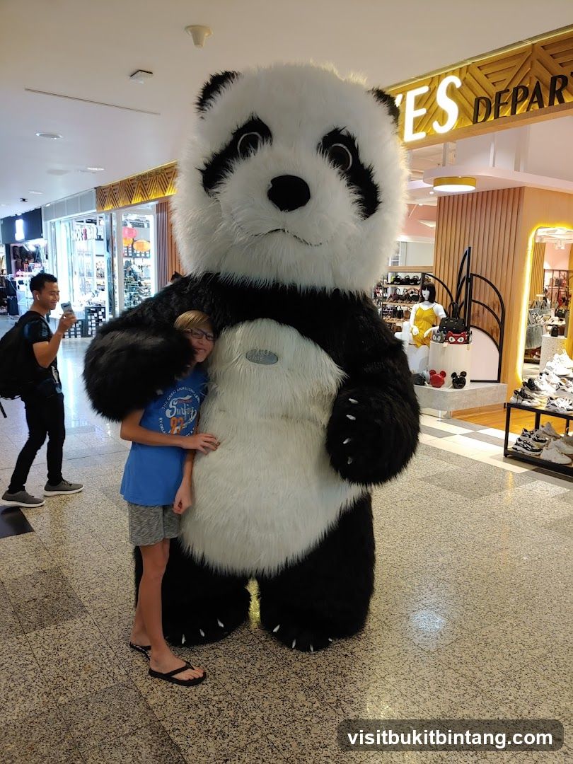Child with Panda Mascot in Mall
