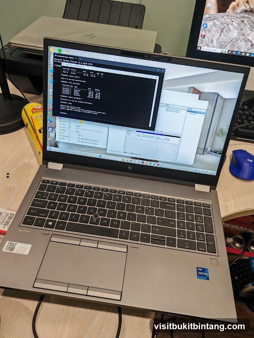 Laptop on desk with Windows setup window open