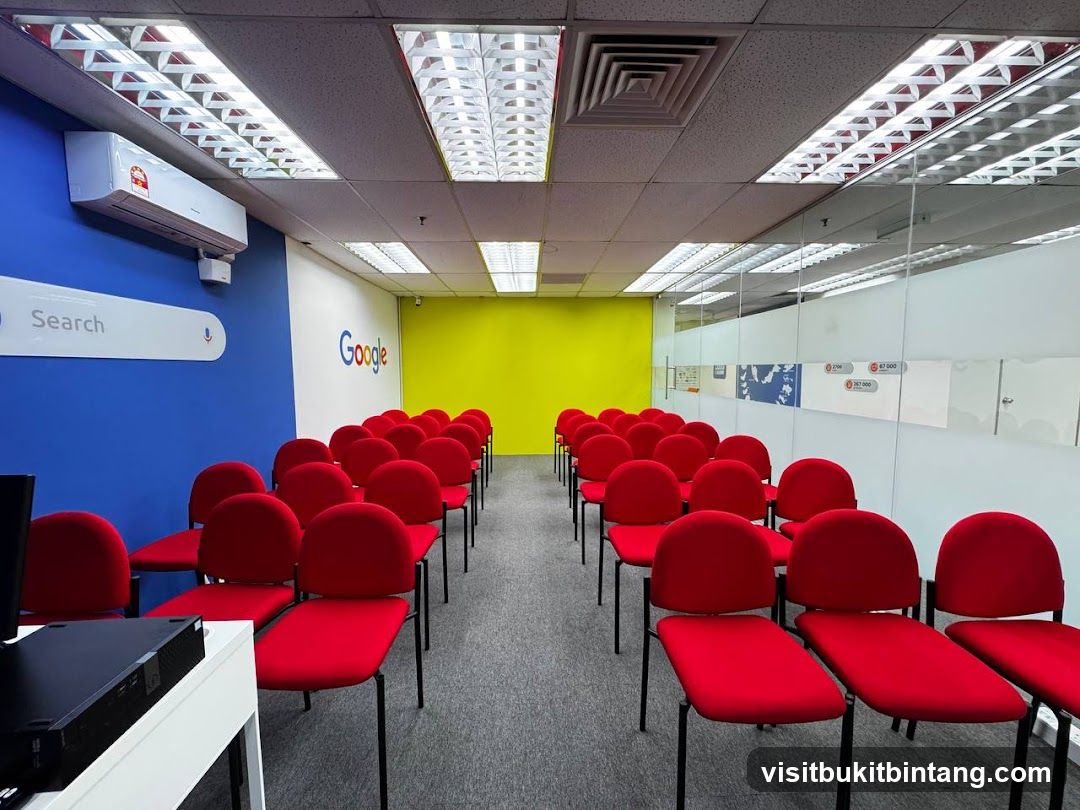 Google-themed office interior with red chairs