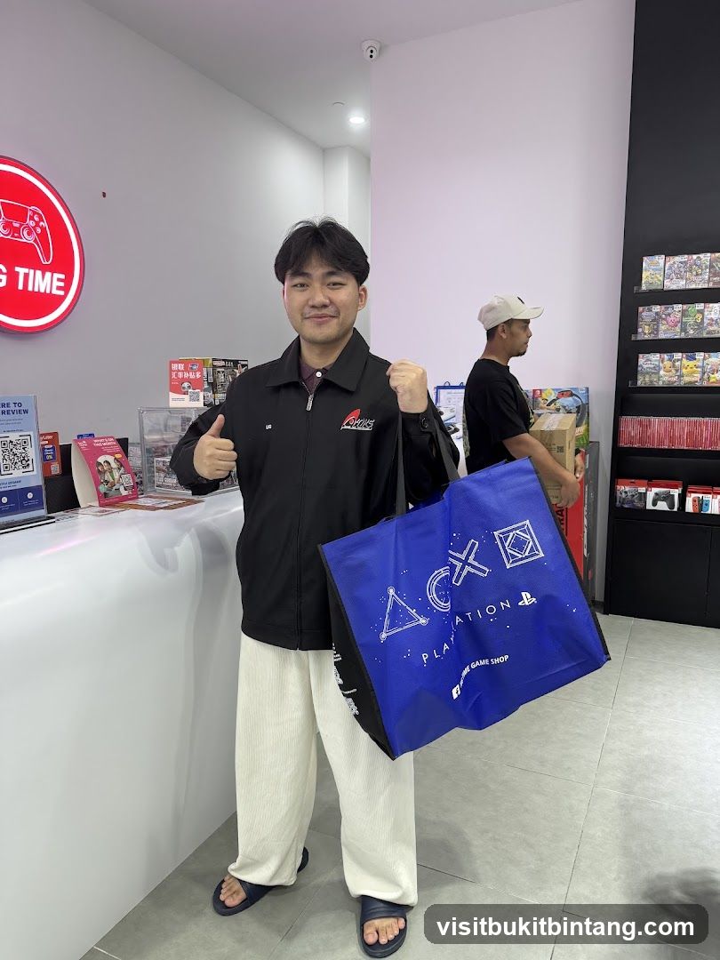 Man holding a PlayStation bag in a game store