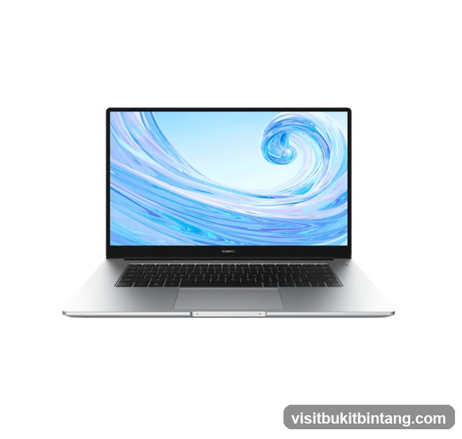 Silver laptop with a blue abstract wallpaper
