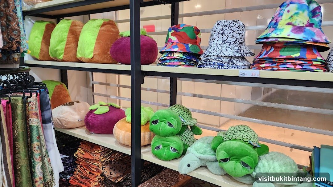 Plush toys and hats on shelves