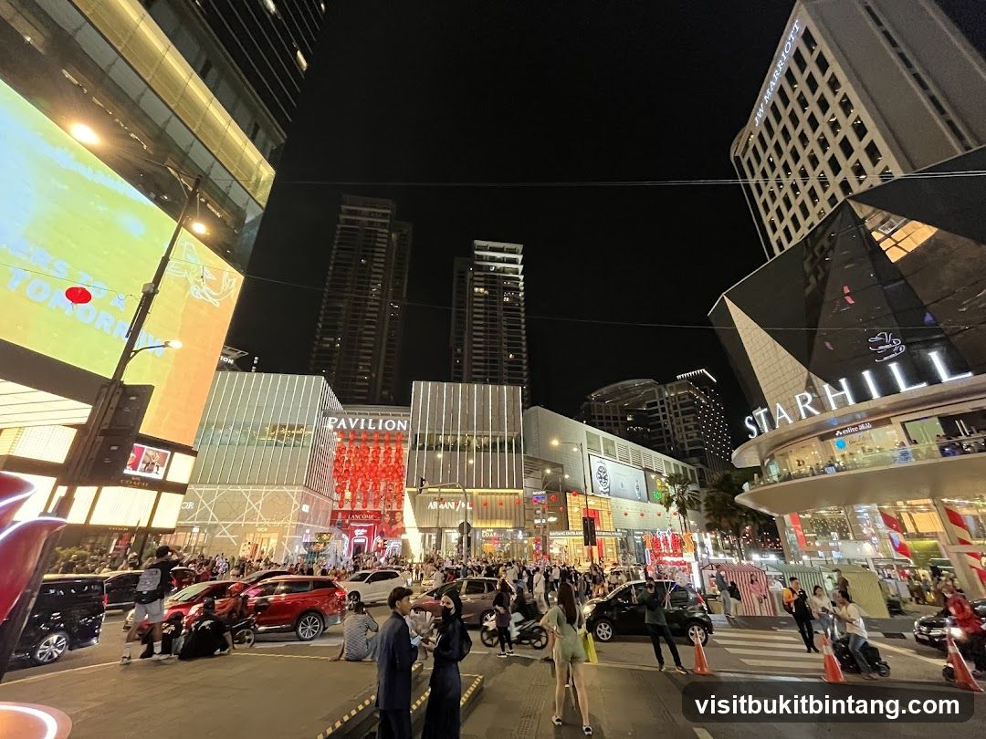 Busy street scene at night with illuminated buildings and crowds