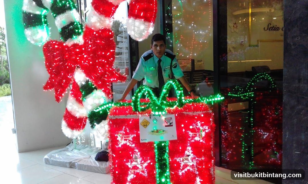Security Guard Poses with Christmas Decorations