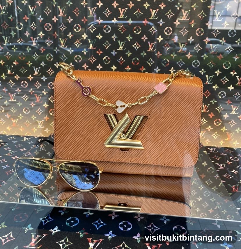 Brown handbag with gold chain and sunglasses