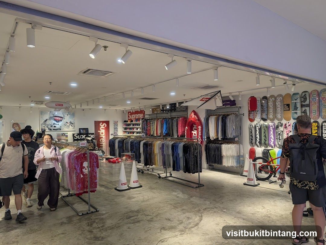 Clothing store interior with skateboards and apparel