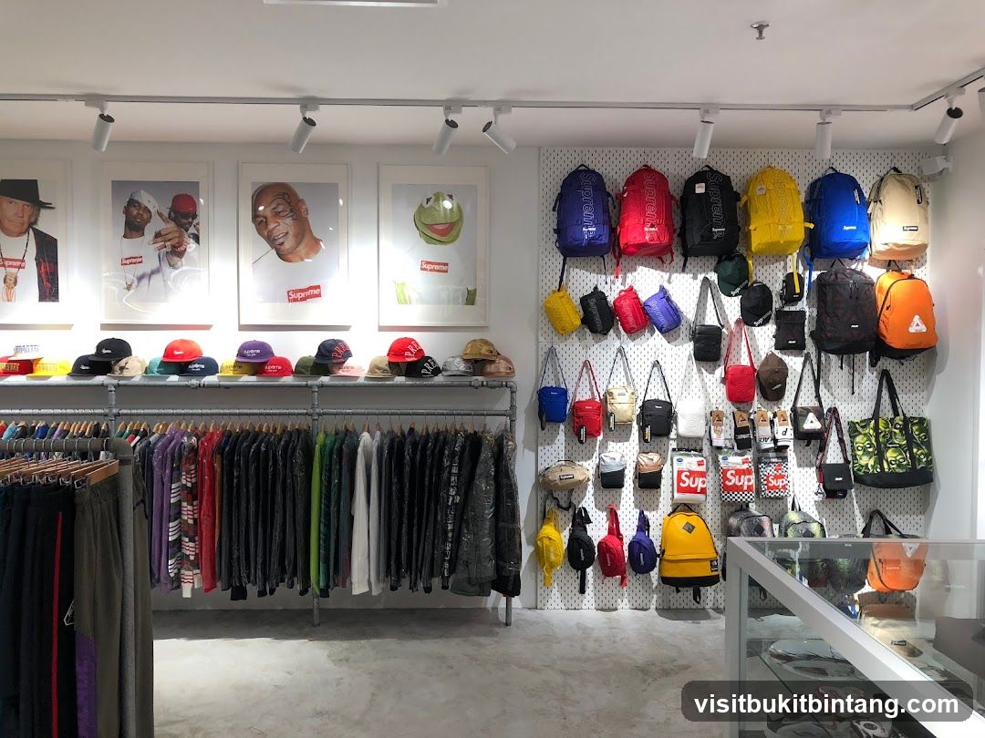 Clothing store interior with apparel and accessories