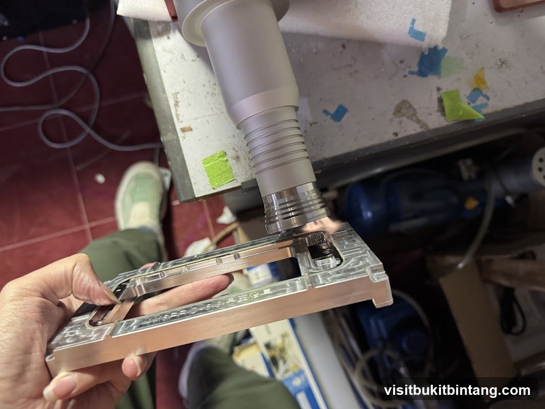 Close-up of a person holding a metal component with a tool