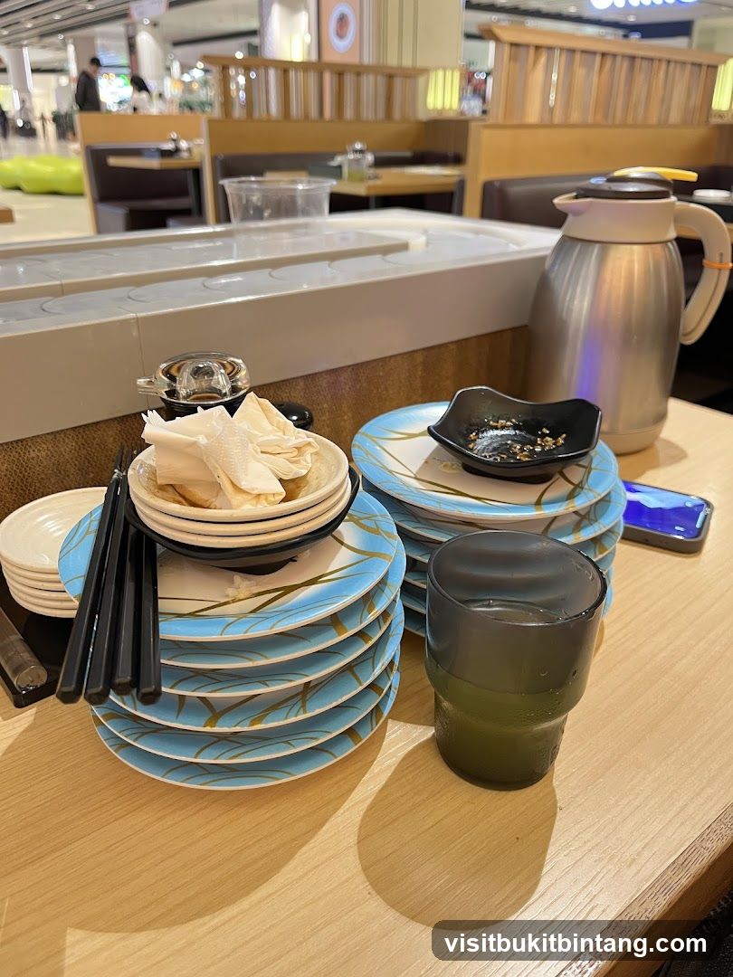 Diners' Table with Used Plates and Drinks