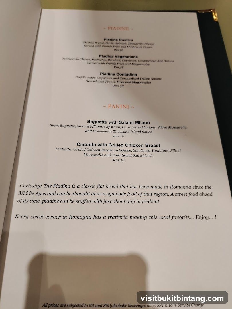 Piadine and Panini Menu