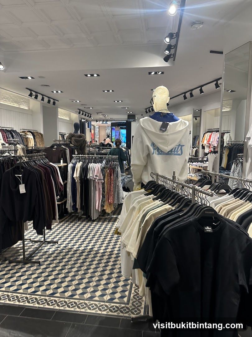 Clothing store interior with mannequins and racks of clothes