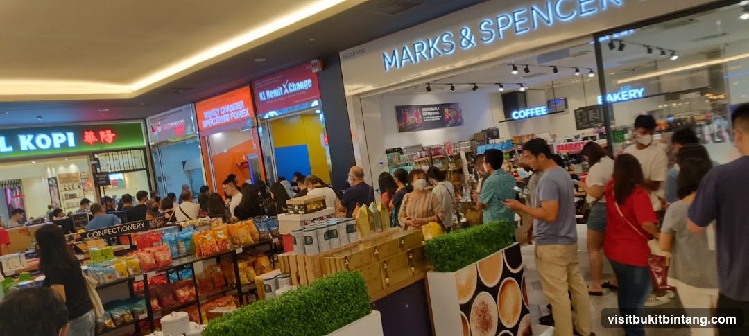 Shopping mall interior with various shops