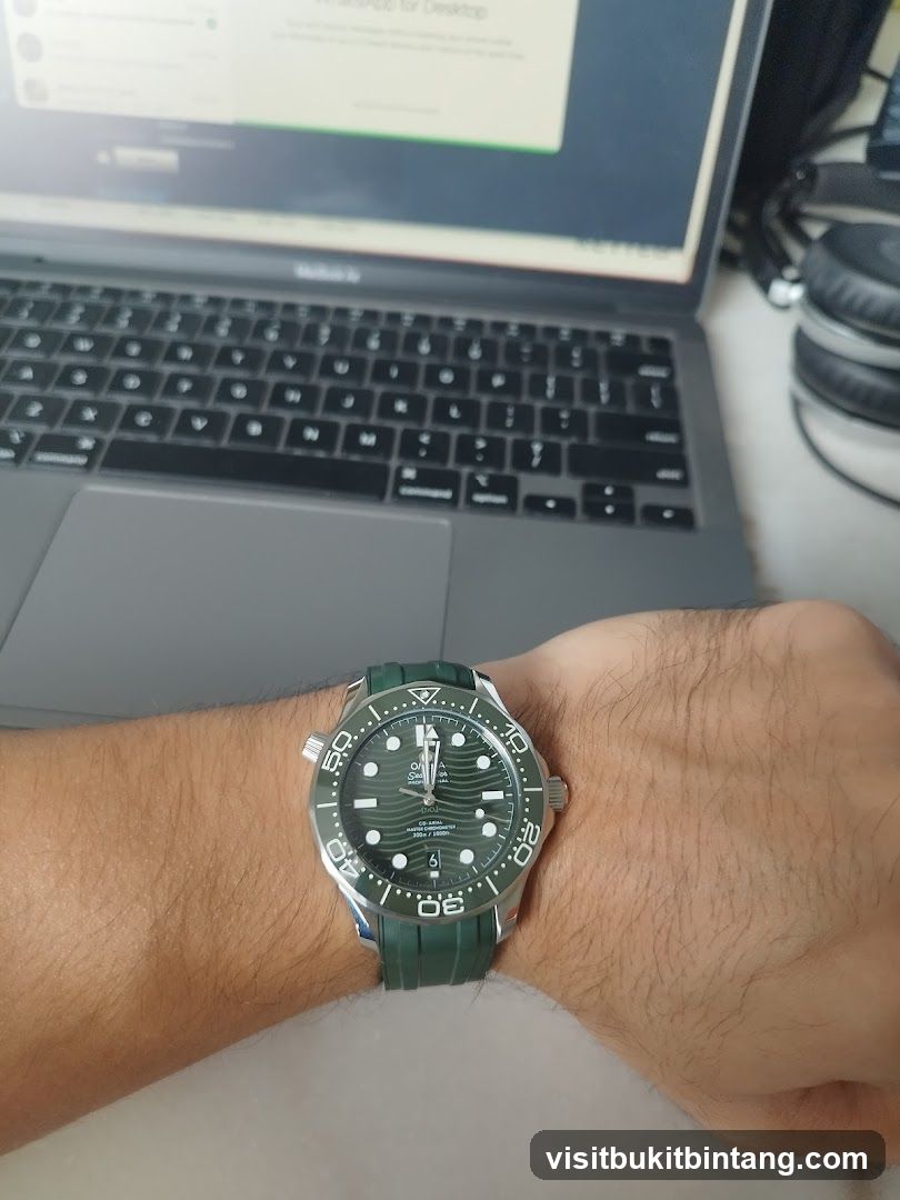 Watch on wrist with laptop in background