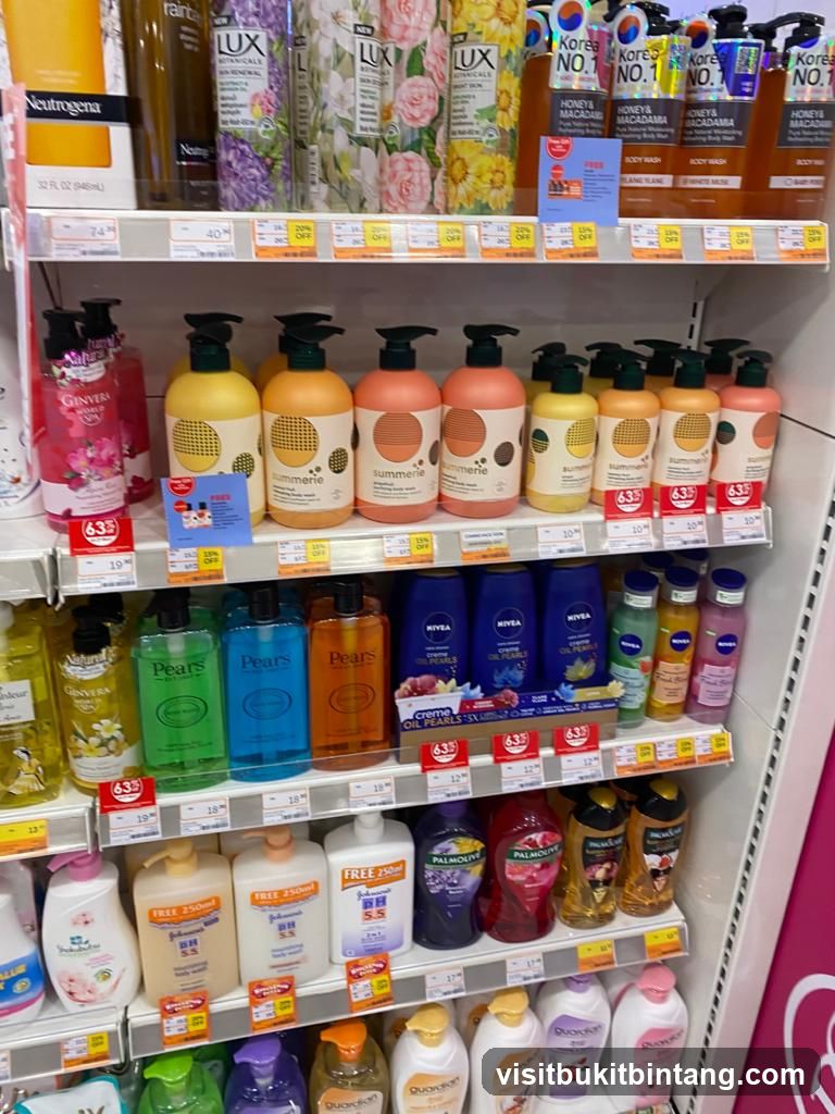 Shelf of body washes and lotions