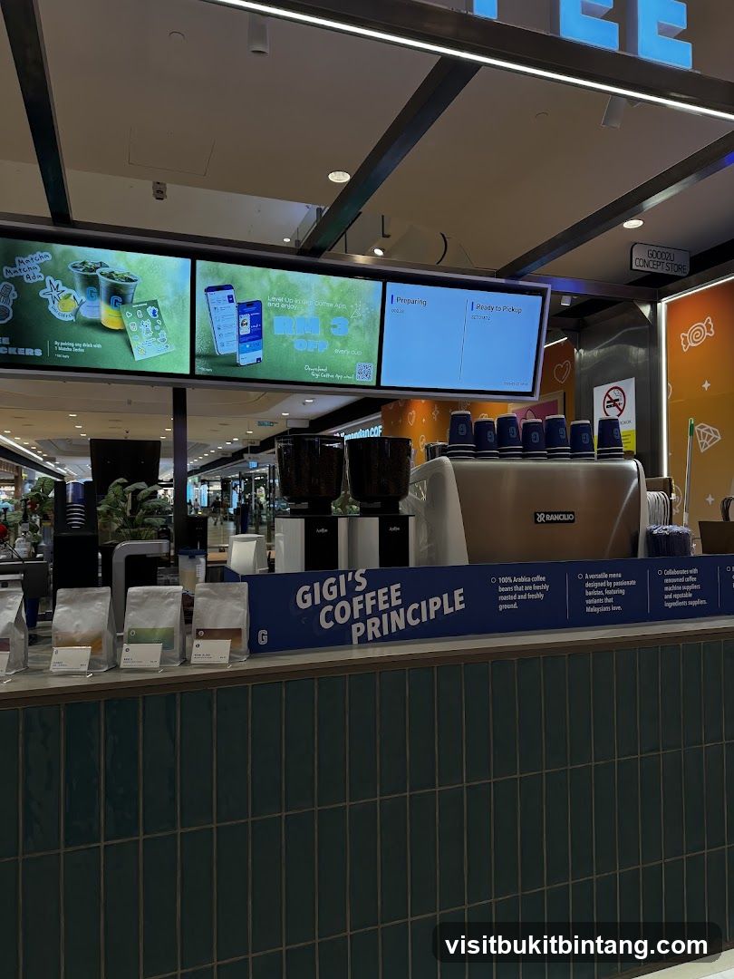 Coffee counter with digital displays and coffee beans