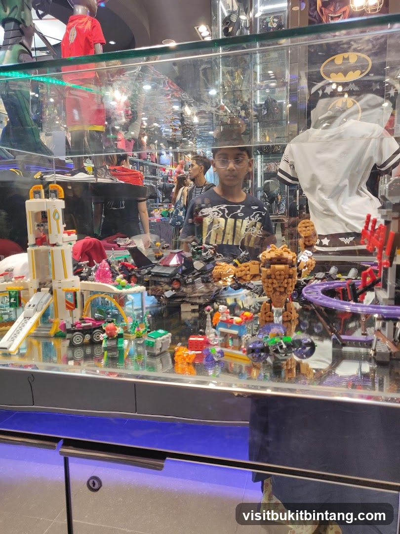Display case with toys and merchandise