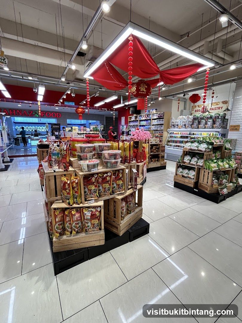 Supermarket aisle with festive decorations