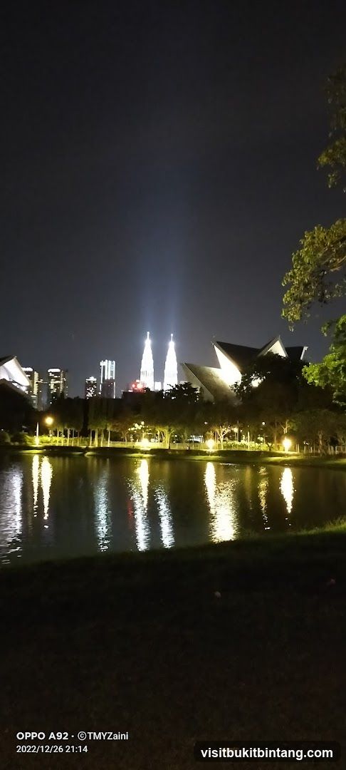 Night view of a city skyline with a lake in the foreground